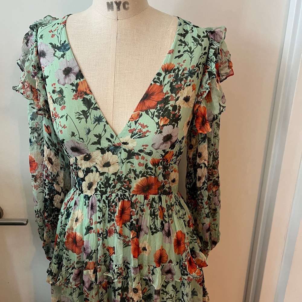 NWOT BHLDN Romantic Mint Floral Chiffon Plunge Long-Sleeve Ruffle Maxi Dress - Picture 6 of 12